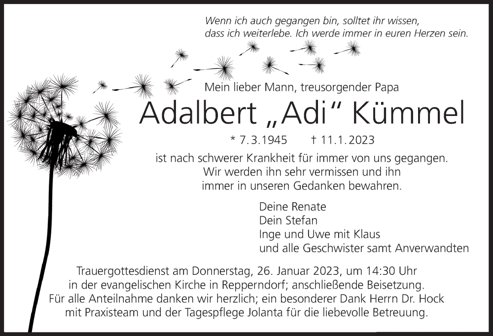  Traueranzeige für Adalbert Kümmel vom 21.01.2023 aus MGO