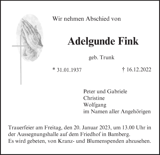 Anzeige von Adelgunde Fink von MGO