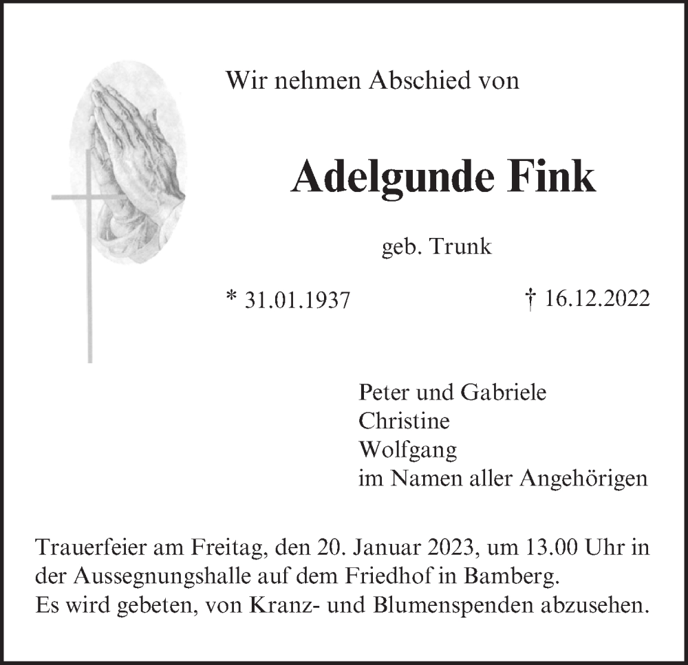  Traueranzeige für Adelgunde Fink vom 14.01.2023 aus MGO