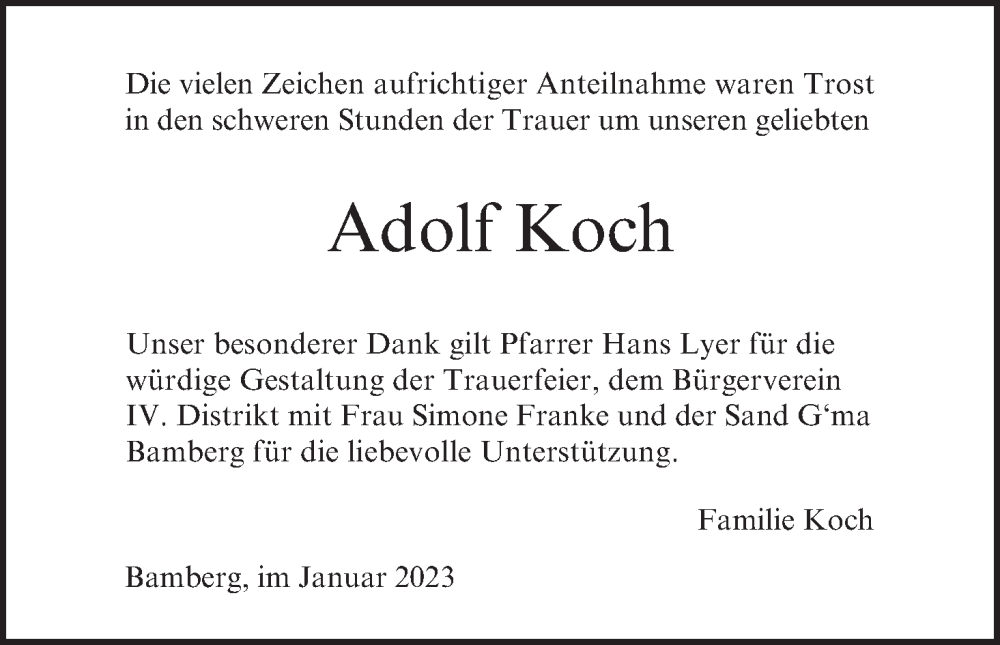 Traueranzeige für Adolf Koch vom 21.01.2023 aus MGO