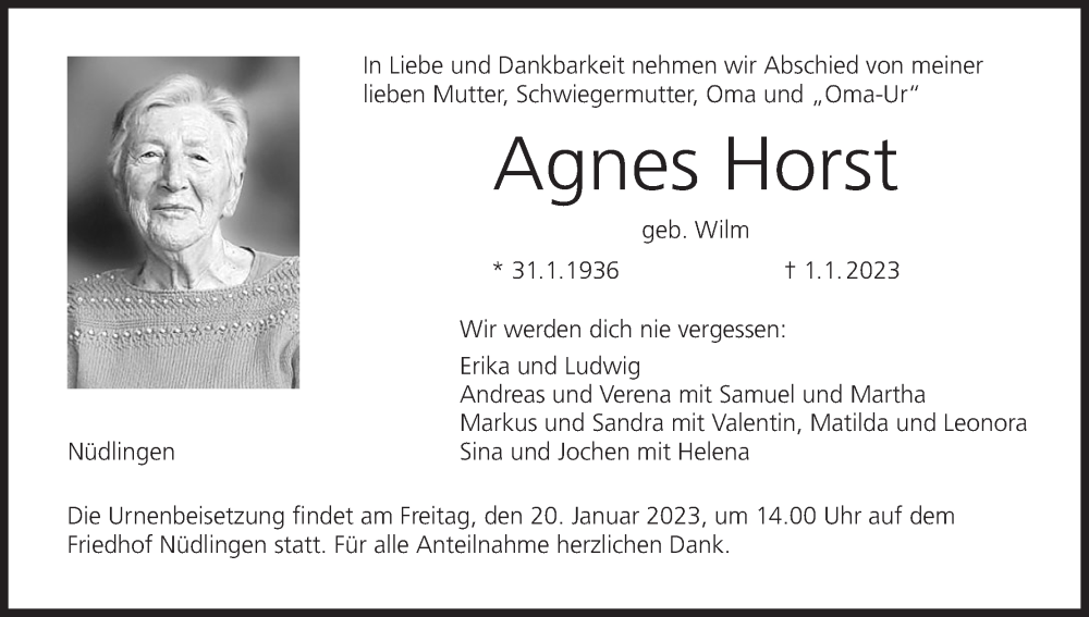  Traueranzeige für Agnes Horst vom 14.01.2023 aus MGO