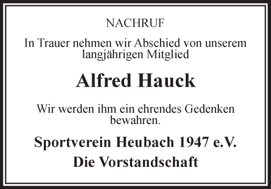 Anzeige von Alfred Hauck von MGO