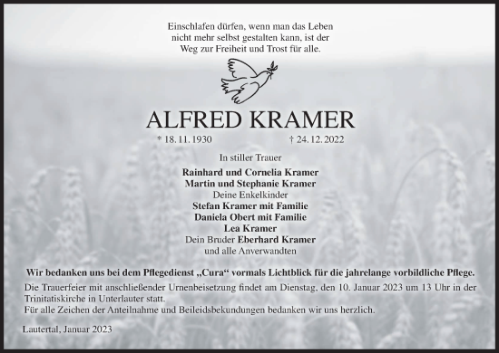 Anzeige von Alfred Kramer von MGO