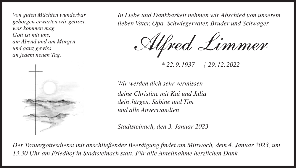  Traueranzeige für Alfred Limmer vom 03.01.2023 aus MGO