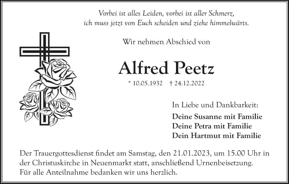  Traueranzeige für Alfred Peetz vom 14.01.2023 aus MGO