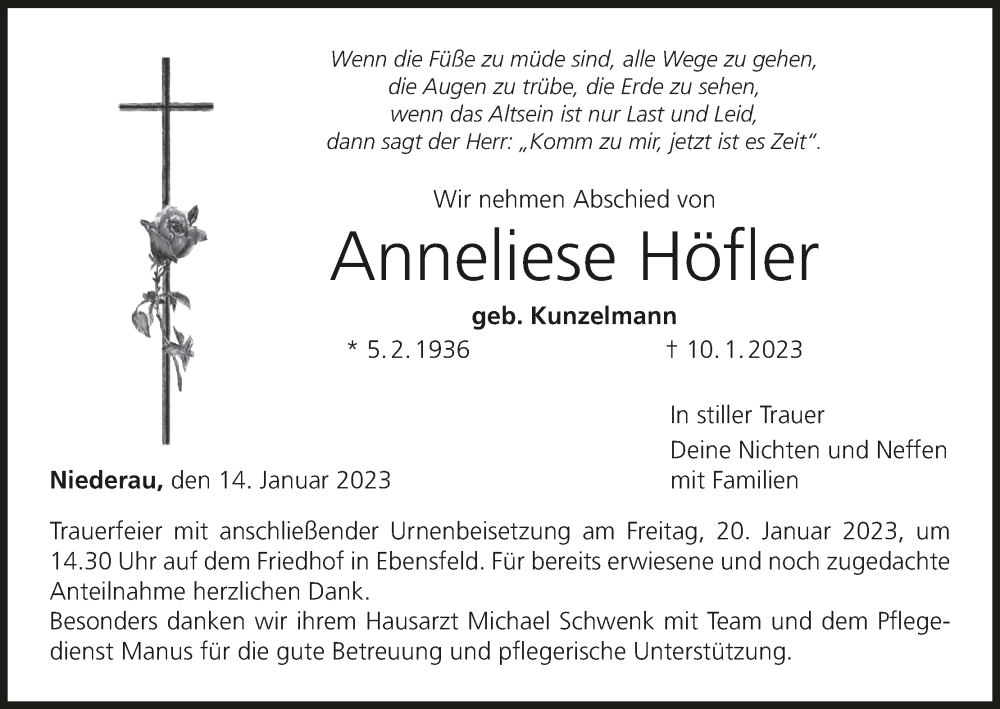  Traueranzeige für Aneliese Höfler vom 14.01.2023 aus MGO