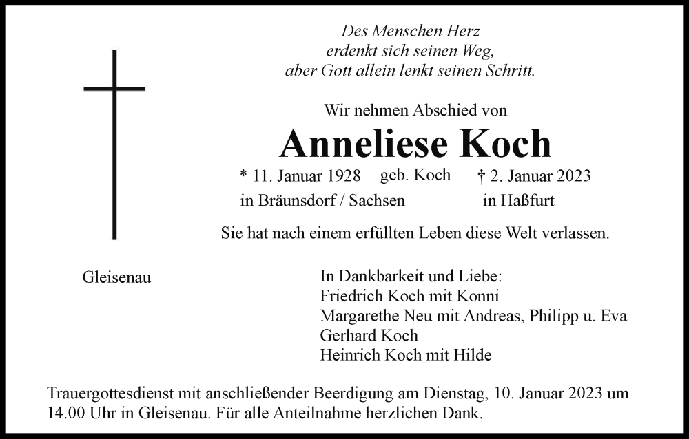  Traueranzeige für Anneliese Koch vom 05.01.2023 aus MGO