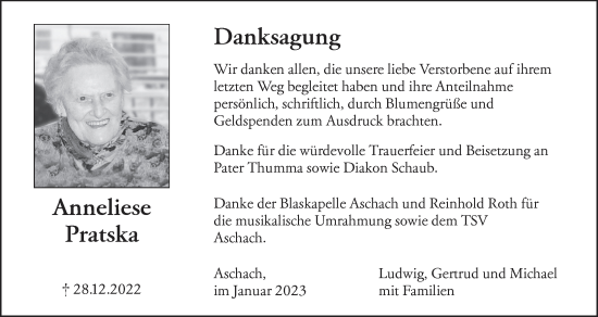 Anzeige von Anneliese Pratska von MGO