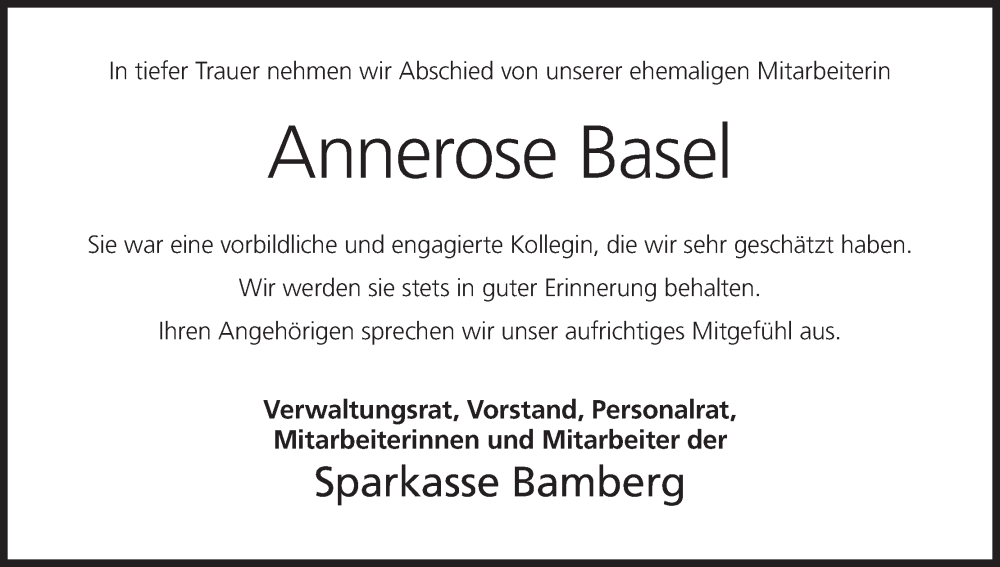  Traueranzeige für Annerose Basel vom 05.01.2023 aus MGO
