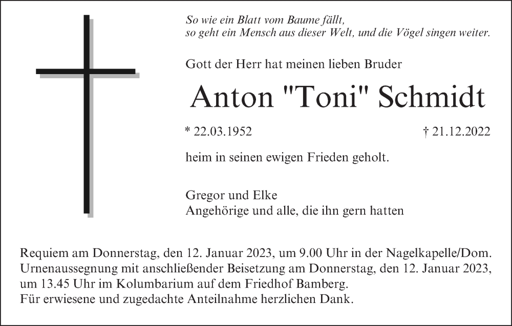  Traueranzeige für Anton  Schmidt vom 07.01.2023 aus MGO