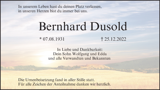 Anzeige von Bernhard Dusold von MGO