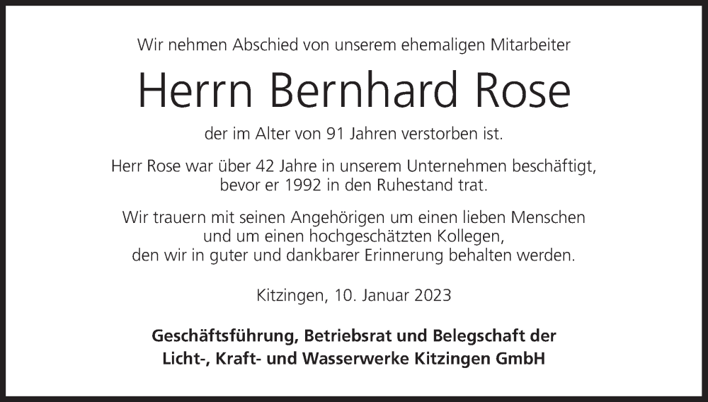  Traueranzeige für Bernhard Rose vom 25.01.2023 aus MGO
