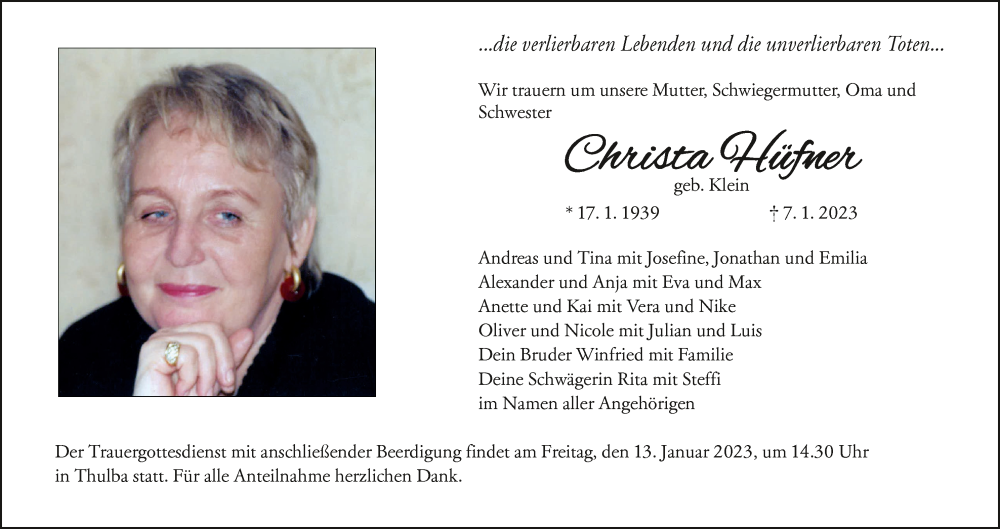  Traueranzeige für Christa Hüfner vom 11.01.2023 aus MGO