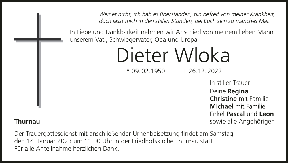  Traueranzeige für Dieter Wloka vom 12.01.2023 aus MGO