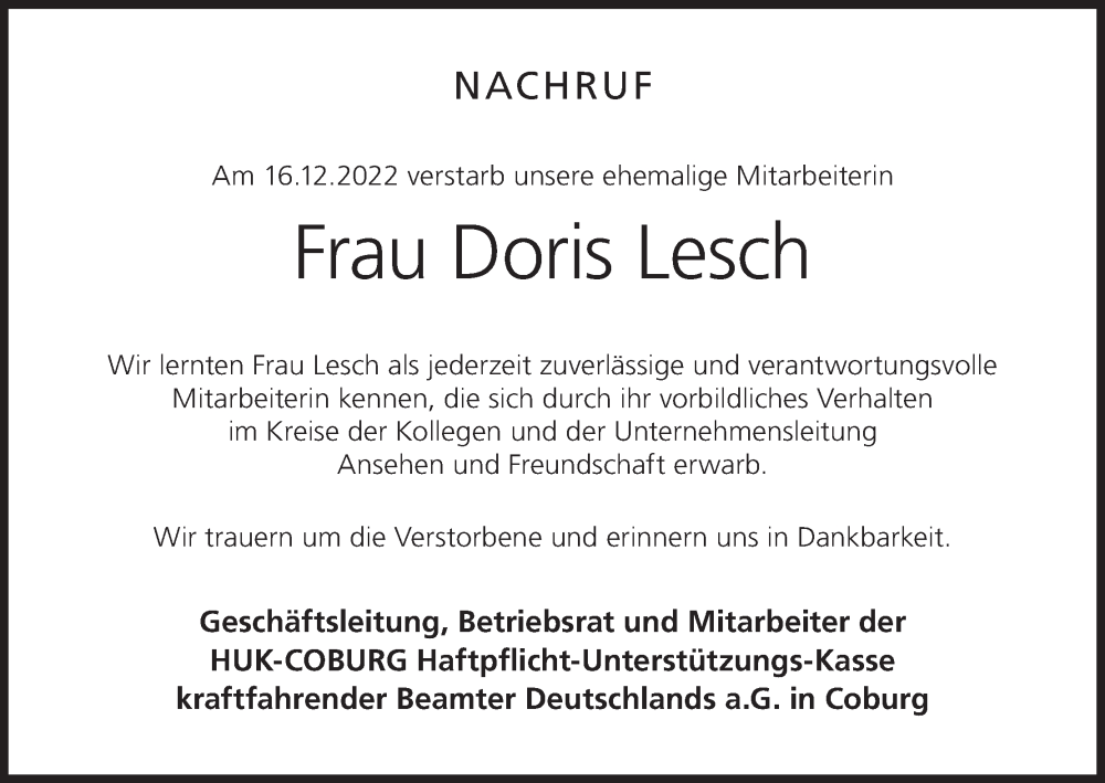  Traueranzeige für Doris Lesch vom 07.01.2023 aus MGO