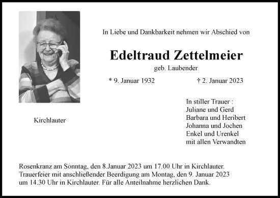 Anzeige von Edeltraud Zettelmeier von MGO