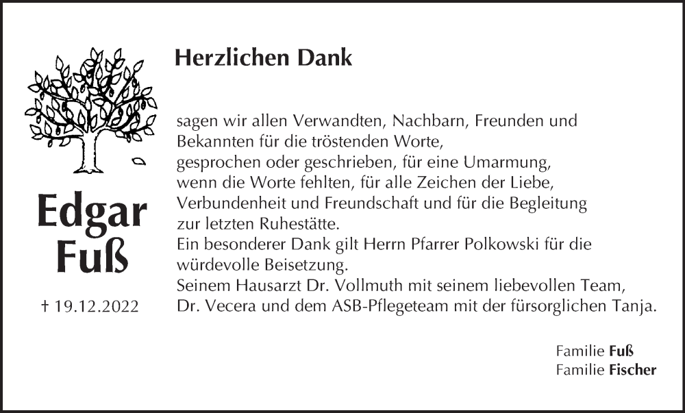  Traueranzeige für Edgar Fuß vom 21.01.2023 aus MGO
