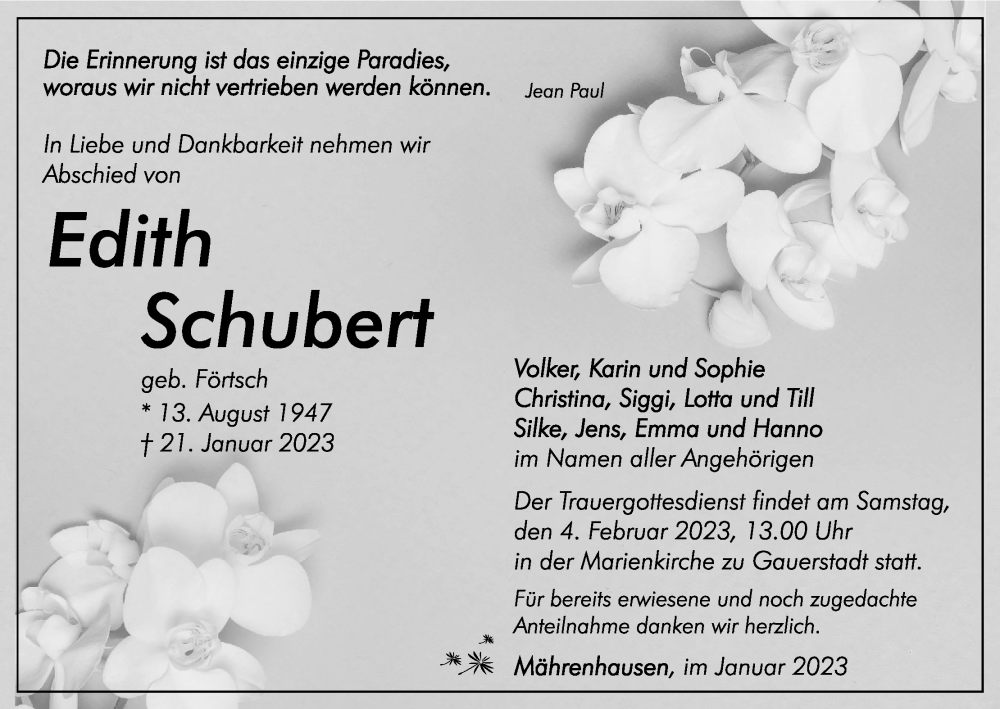  Traueranzeige für Edith Schubert vom 28.01.2023 aus MGO