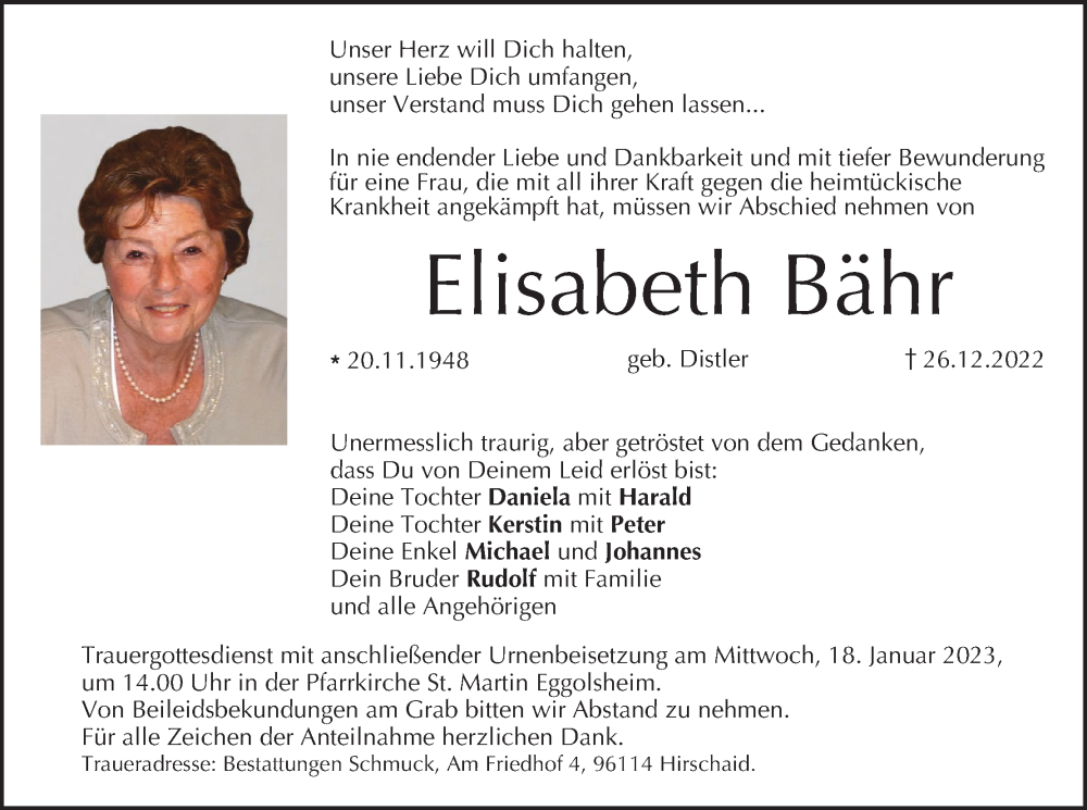  Traueranzeige für Elisabeth Bähr vom 14.01.2023 aus MGO