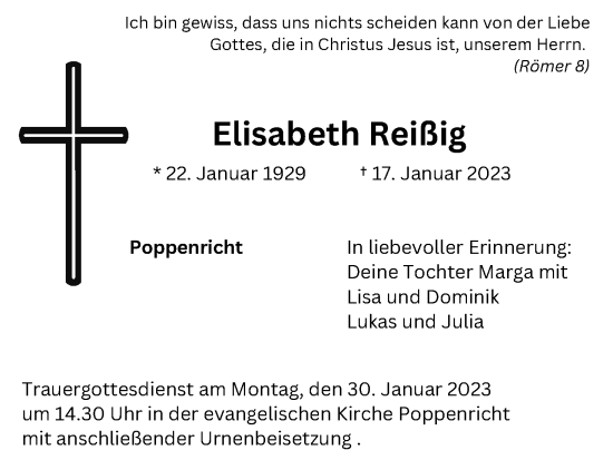Anzeige von Elisabeth Reißig von MGO