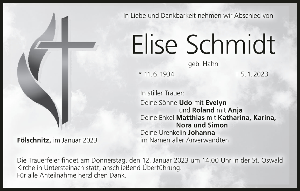  Traueranzeige für Elise Schmidt vom 10.01.2023 aus MGO