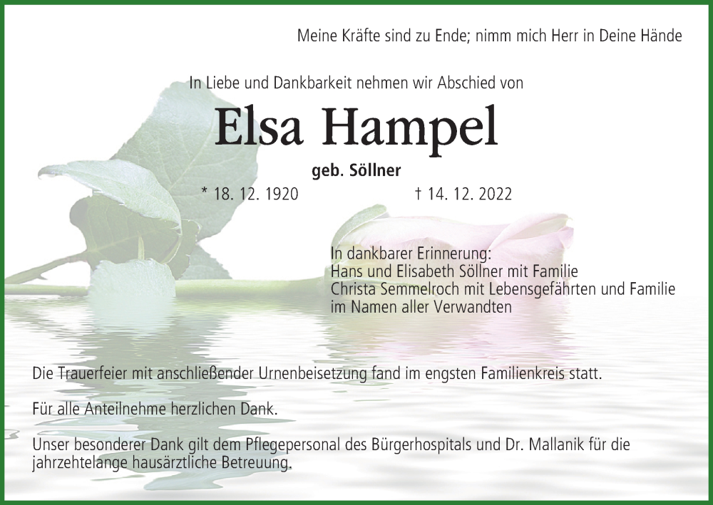  Traueranzeige für Elsa Hampel vom 14.01.2023 aus MGO