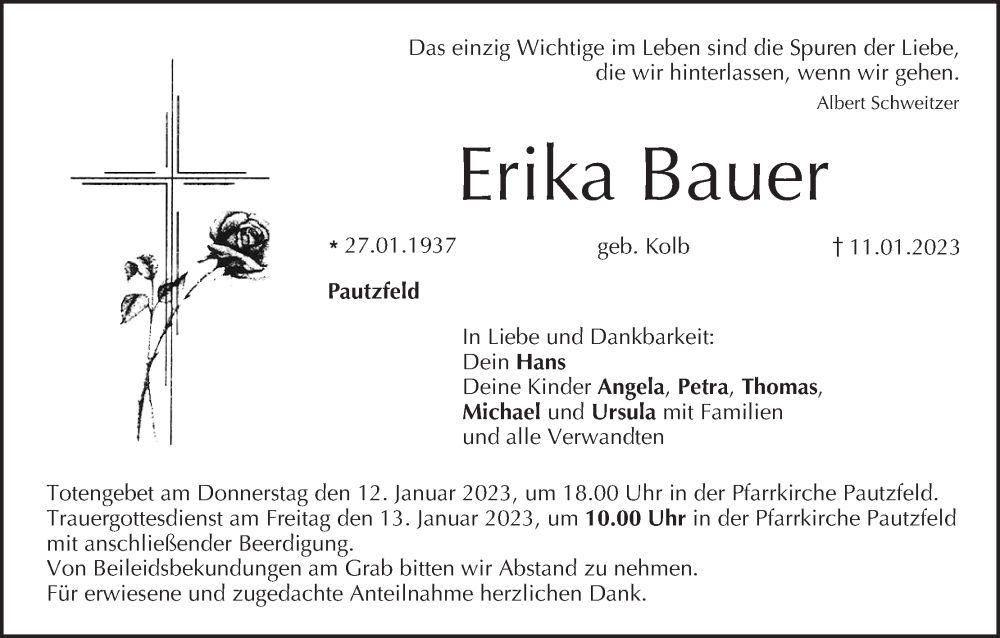  Traueranzeige für Erika Bauer vom 12.01.2023 aus MGO