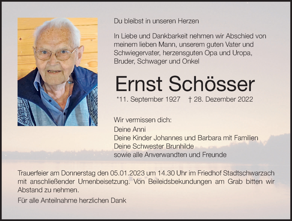  Traueranzeige für Ernst Schösser vom 03.01.2023 aus MGO