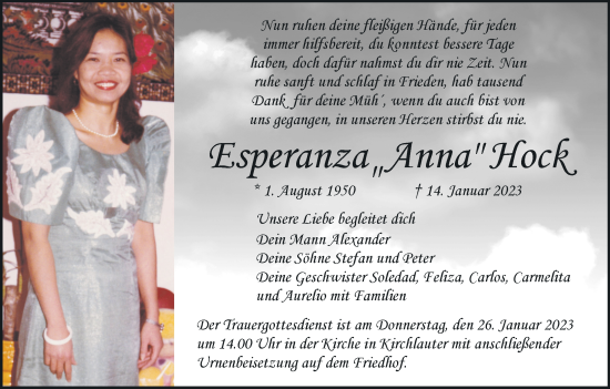 Anzeige von Esperanza Hock von MGO