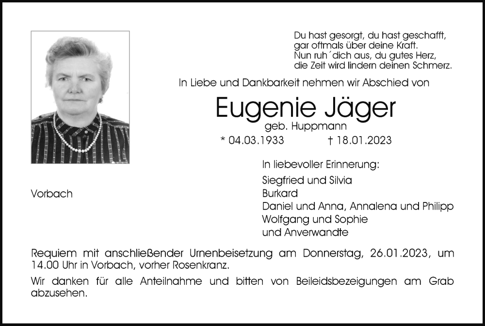  Traueranzeige für Eugenie Jäger vom 23.01.2023 aus MGO