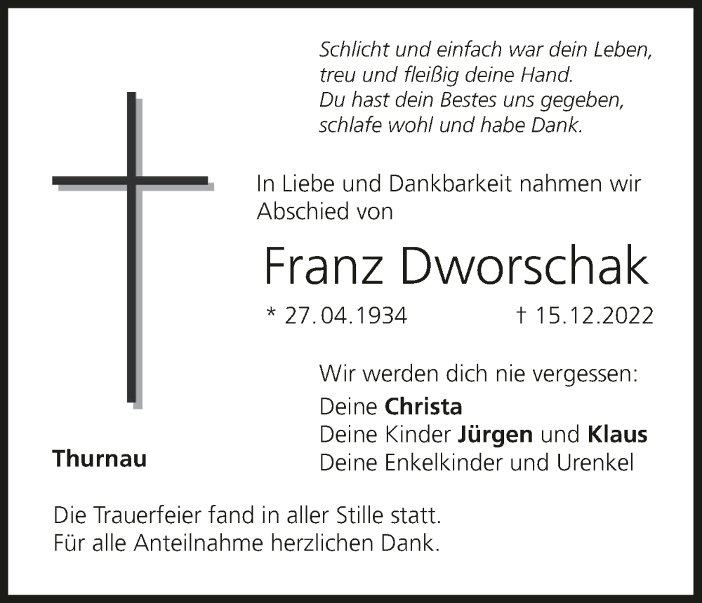  Traueranzeige für Franz Dworschak vom 17.01.2023 aus MGO
