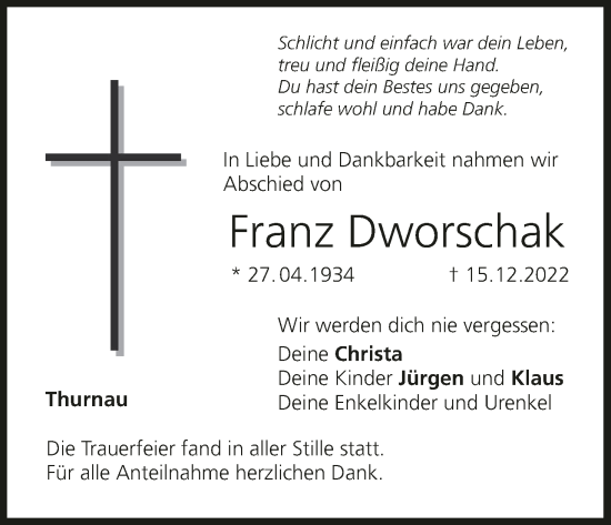 Anzeige von Franz Dworschak von MGO