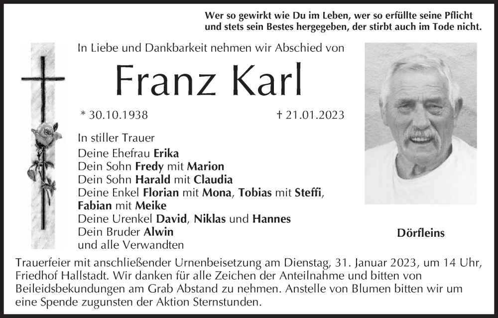  Traueranzeige für Franz Karl vom 28.01.2023 aus MGO