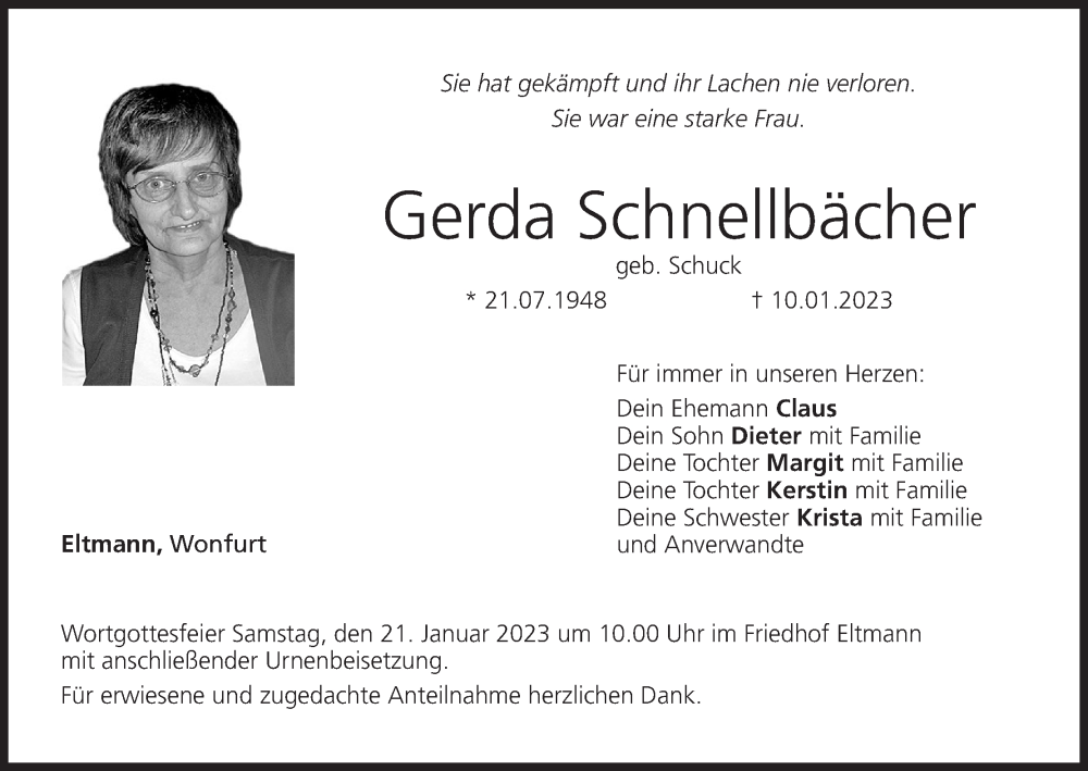  Traueranzeige für Gerda Schnellbächer vom 19.01.2023 aus MGO