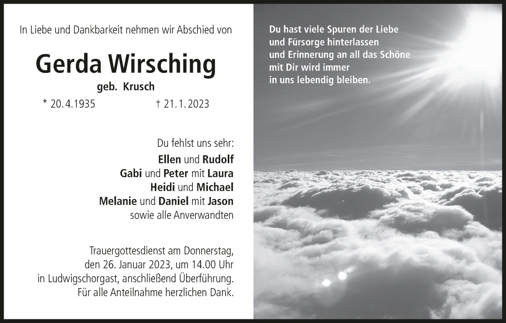  Traueranzeige für Gerda Wirsching vom 25.01.2023 aus MGO