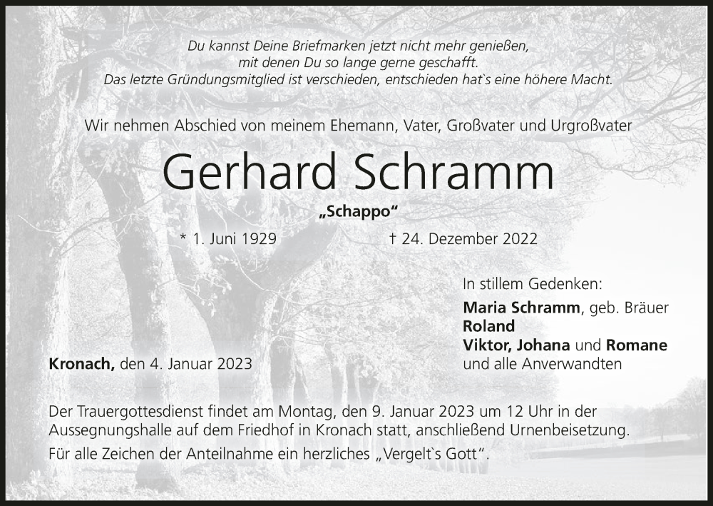  Traueranzeige für Gerhard Schramm vom 04.01.2023 aus MGO