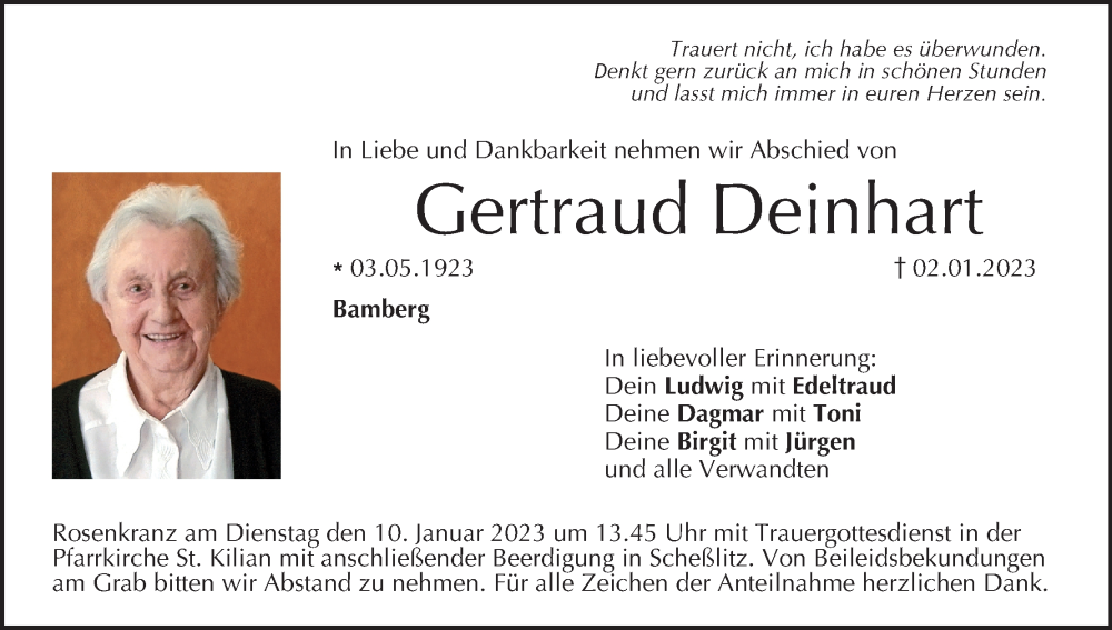  Traueranzeige für Gertraud Deinhart vom 07.01.2023 aus MGO