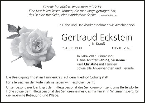Anzeige von Gertraud Eckstein von MGO