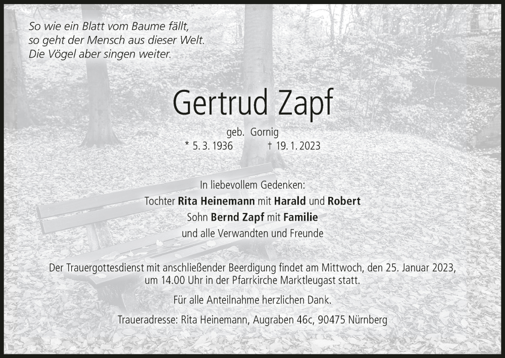  Traueranzeige für Gertrud Zapf vom 24.01.2023 aus MGO