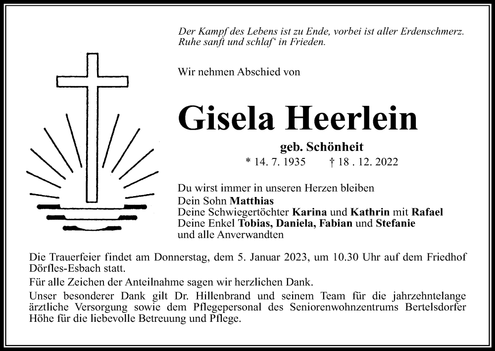  Traueranzeige für Gisela Heerlein vom 02.01.2023 aus MGO