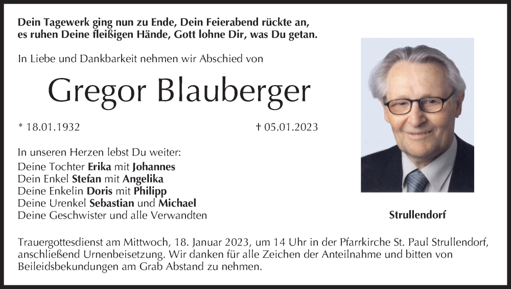  Traueranzeige für Gregor Blauberger vom 14.01.2023 aus MGO
