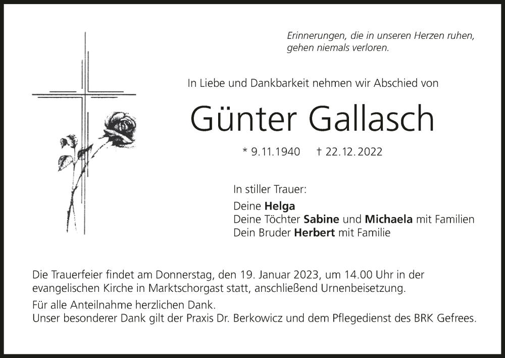  Traueranzeige für Günter Gallasch vom 14.01.2023 aus MGO