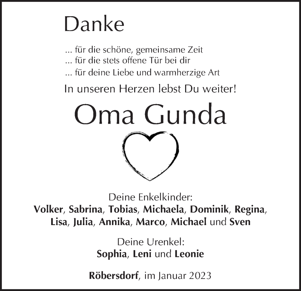  Traueranzeige für Gunda  vom 21.01.2023 aus MGO