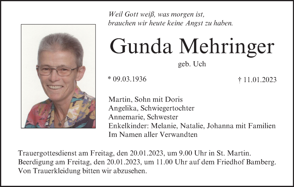  Traueranzeige für Gunda Mehringer vom 18.01.2023 aus MGO