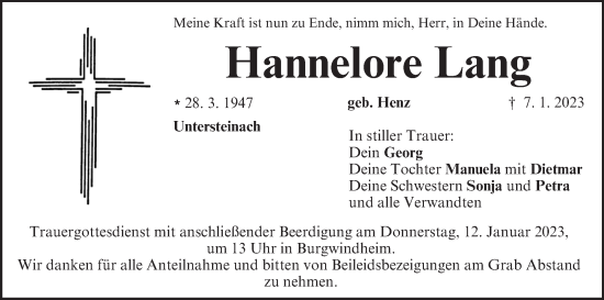 Anzeige von Hannelore Lang von MGO