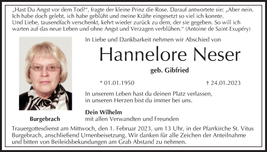 Anzeige von Hannelore Neser von MGO
