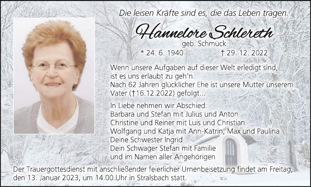  Traueranzeige für Hannelore Schlereth vom 07.01.2023 aus MGO