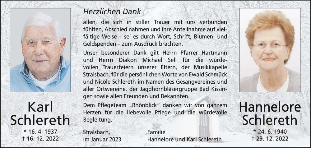  Traueranzeige für Hannelore Schlereth vom 21.01.2023 aus MGO