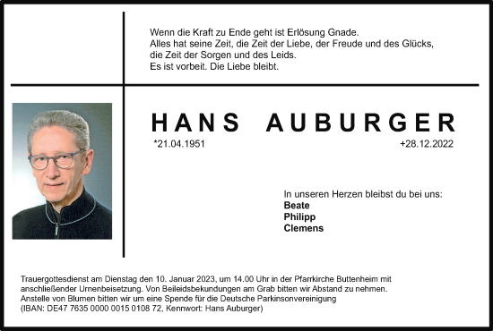 Anzeige von Hans Auburger von MGO