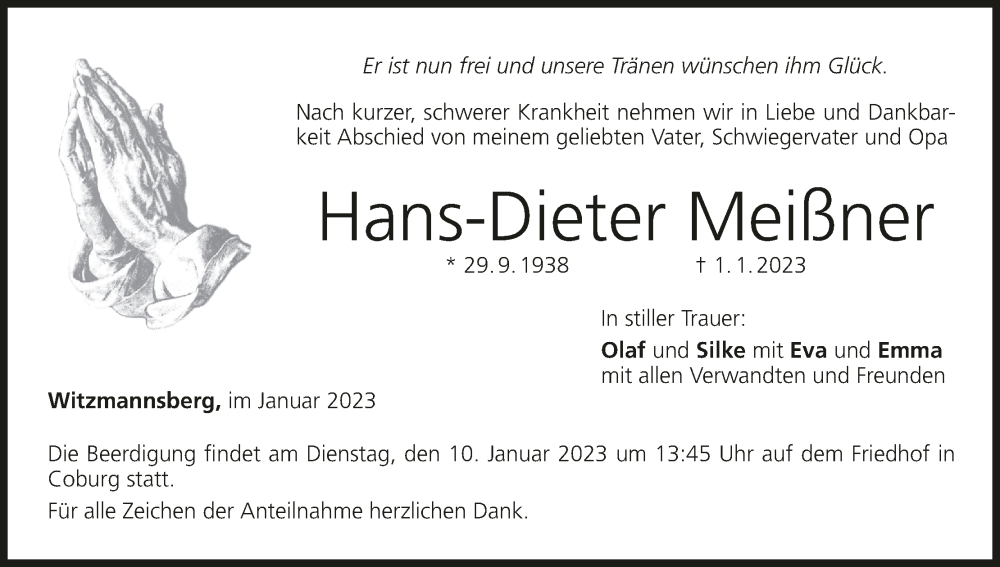  Traueranzeige für Hans-Dieter Meißner vom 07.01.2023 aus MGO